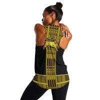 Back view: black racerback tank with yellow-green vertical pattern panel