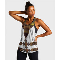 Women’s racerback tank top, white with Ethiopian lion and tribal geometric print