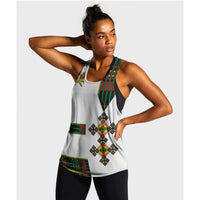 Women’s white racerback tank with Ethiopian-style patterned flag print