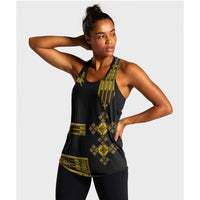 Black women’s racerback tank with yellow-green Ethiopian pattern and lion design