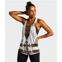 Women’s white racerback tank with lion graphic and geometric Ethiopian-style print