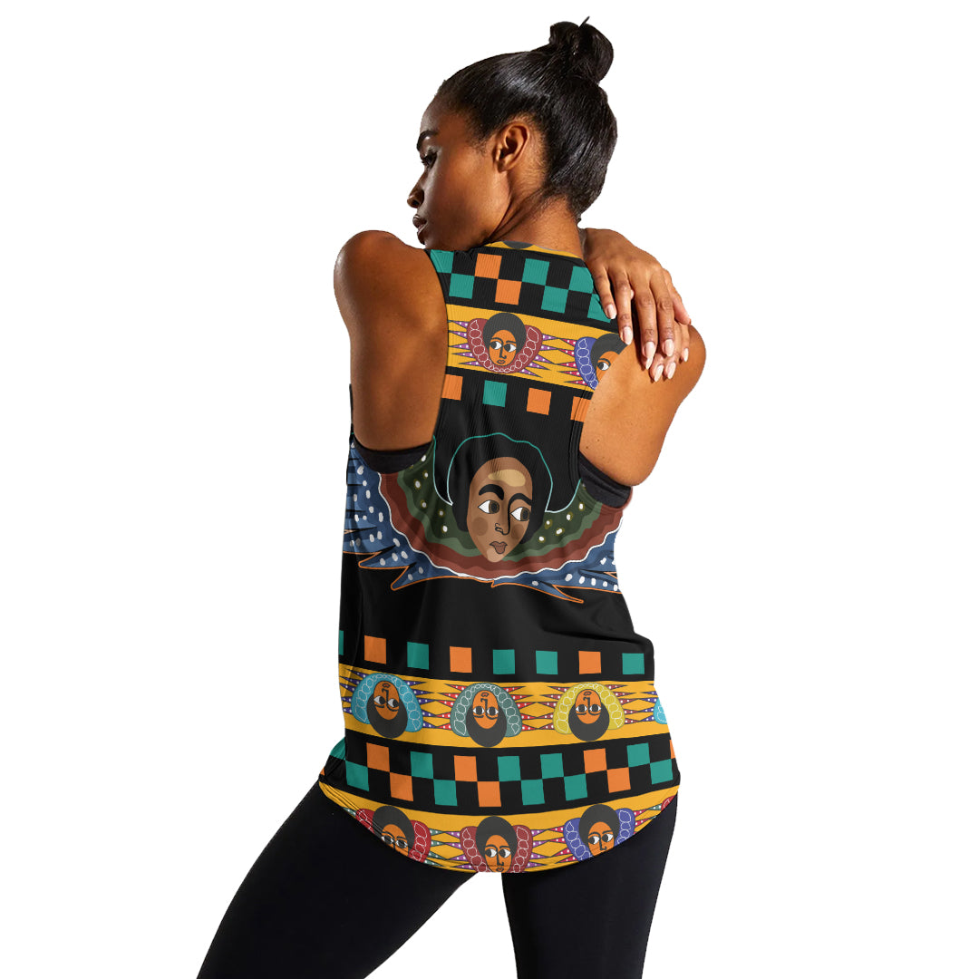 Black women’s tank top with repeating angel faces pattern, racerback sleeveless