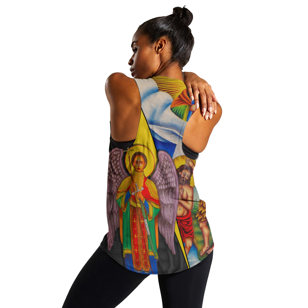 Women’s black tank top with Ethiopian Bible artwork on back, angel and wing graphic