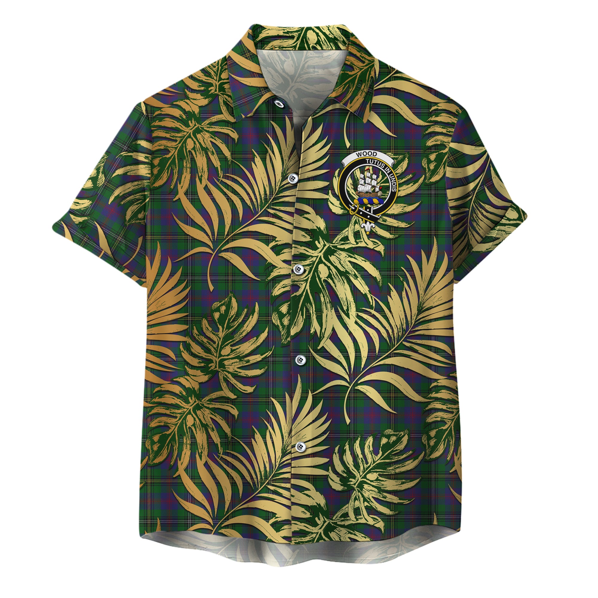 scottish-wood-clan-crest-tartan-golden-tropical-palm-leaves-hawaiian-shirt