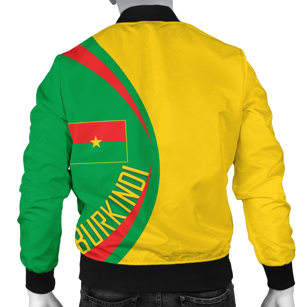 Back view green/yellow bomber jacket with Burkina Faso text and flag circle print