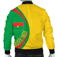 Back view green/yellow bomber jacket with Burkina Faso text and flag circle print