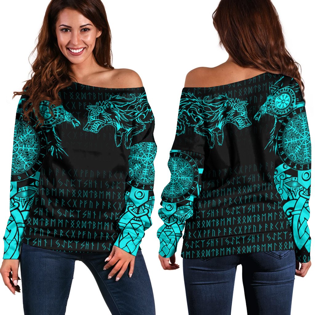 Viking Off Shoulder Sweater - Raven and Wolf Special Tattoo RLT12 - Wonder Print Shop