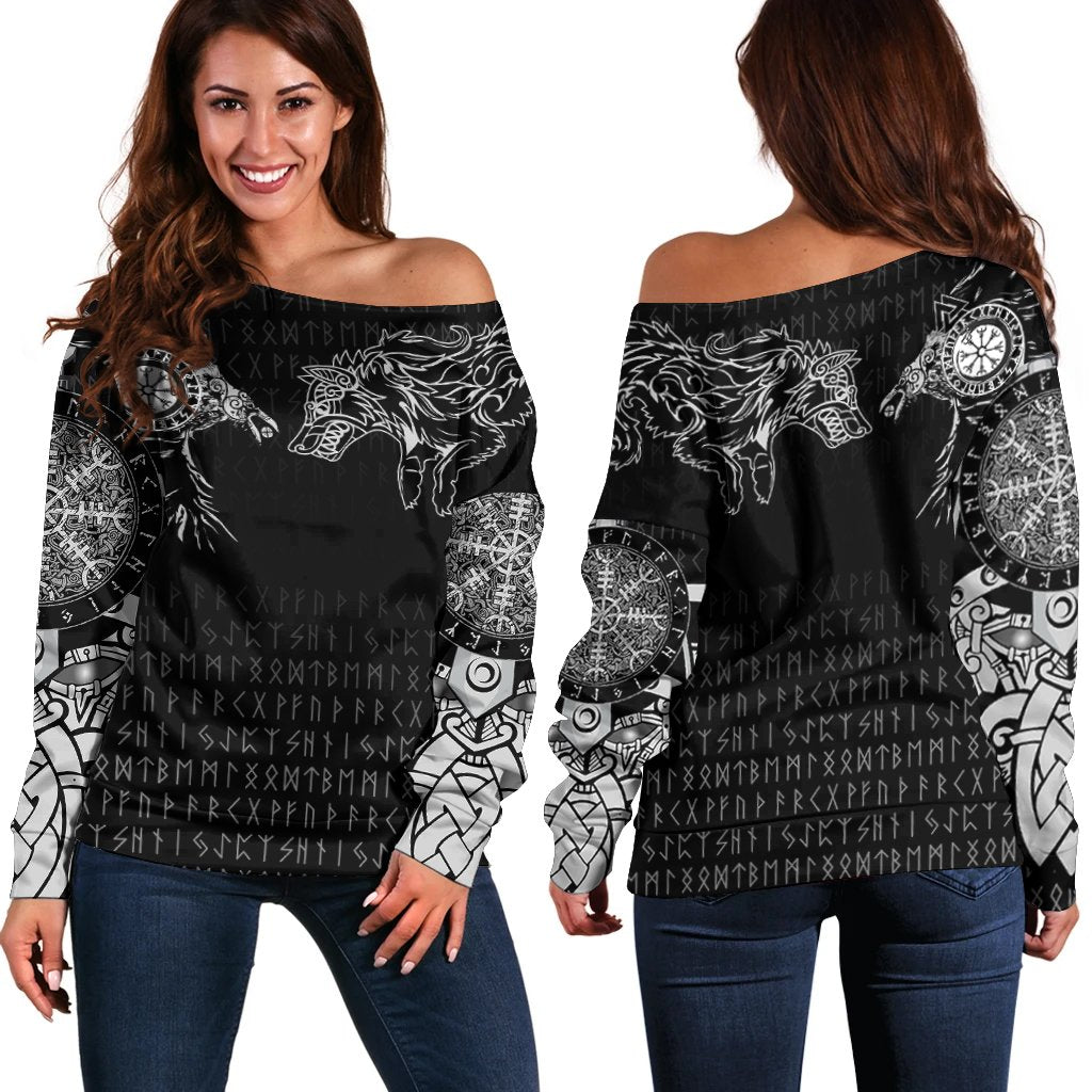 Viking Off Shoulder Sweater - Raven and Wolf Special Tattoo RLT12 - Wonder Print Shop