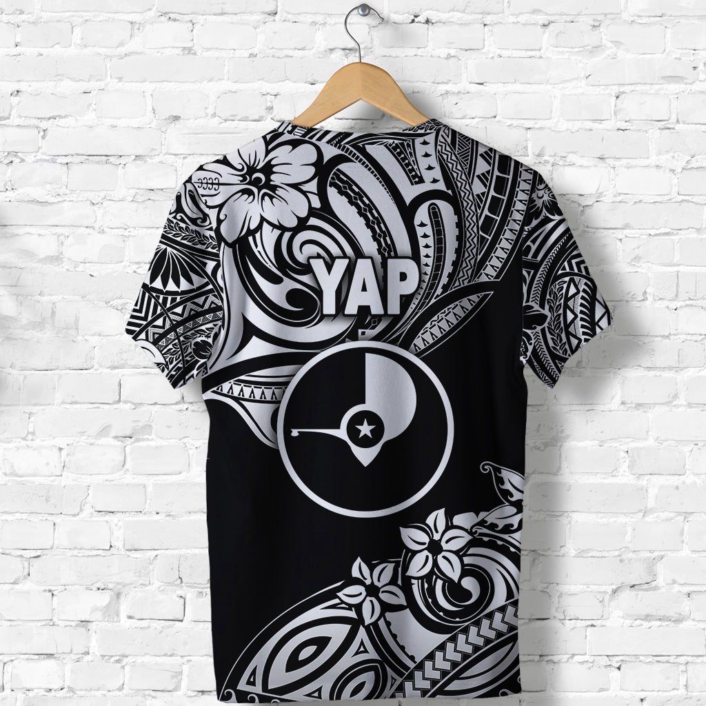 Black YAP T-shirt back print with large 'YAP' text, circular logo, tribal motifs
