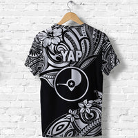 Black YAP T-shirt back print with large 'YAP' text, circular logo, tribal motifs