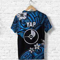 Back view: blue and black YAP logo graphic T-shirt with floral accents