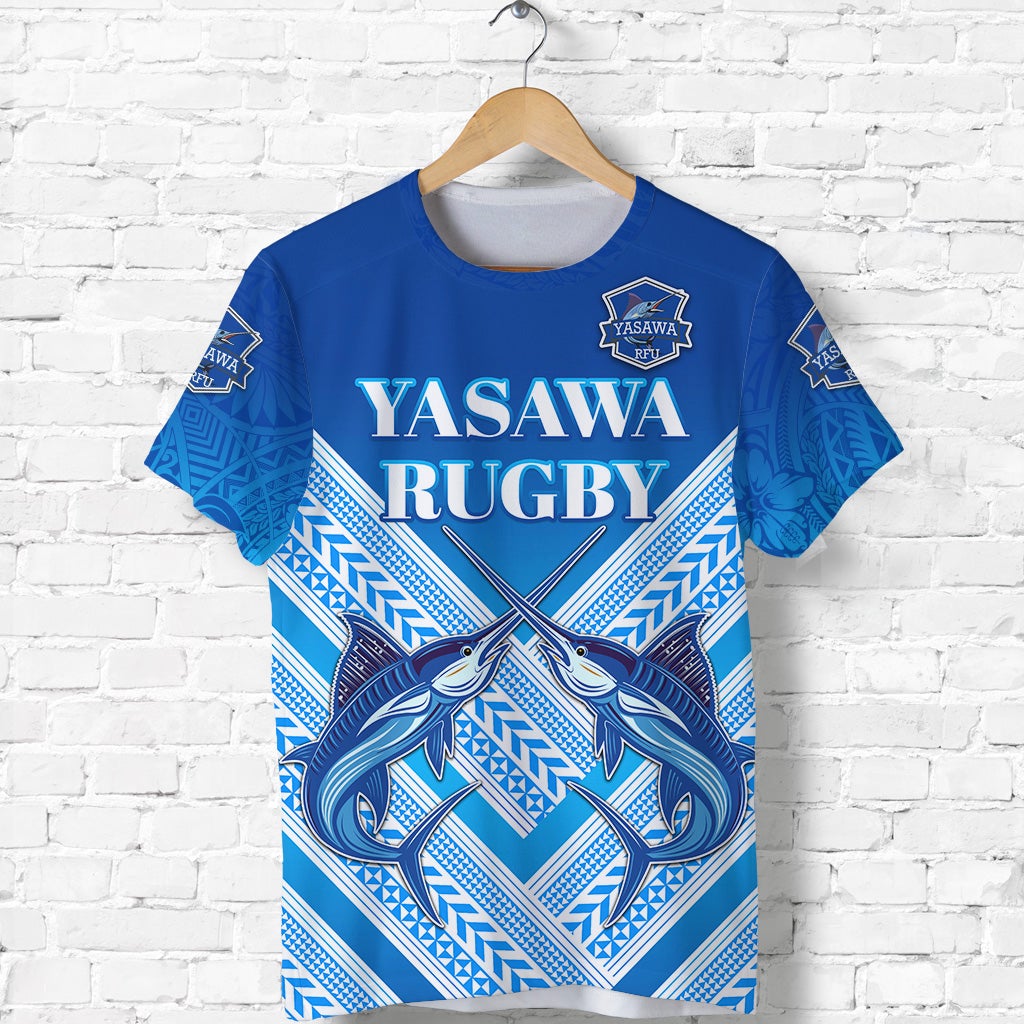 Blue YASAWA RUGBY rugby T-shirt with dolphin crest and geometric stripes, front