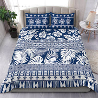 Navy and white tropical floral patterned bedding set with matching pillowcases