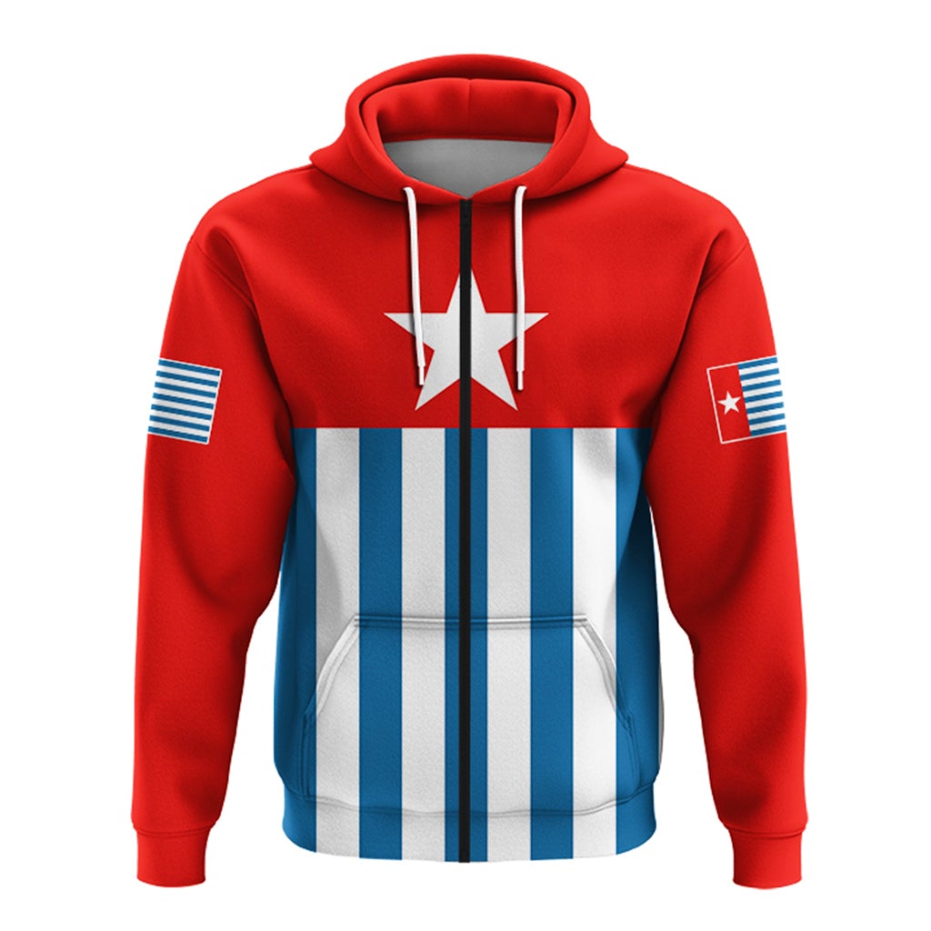 Red pullover hoodie front with striped panels, kangaroo pocket, and star logo