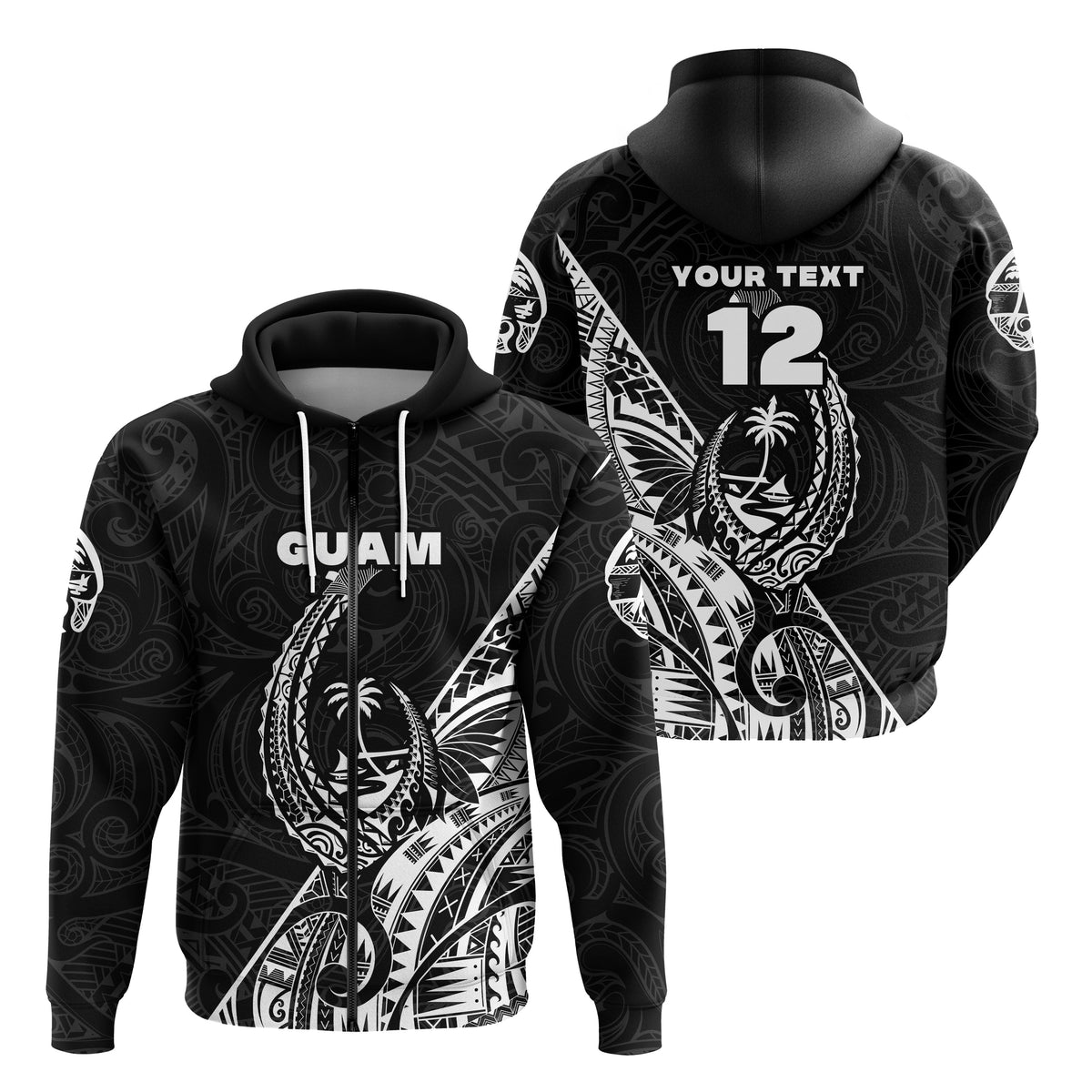 Custom Guam Rugby Zip Hoodie Polynesian Patterns Style Black LT16 - Wonder Print Shop