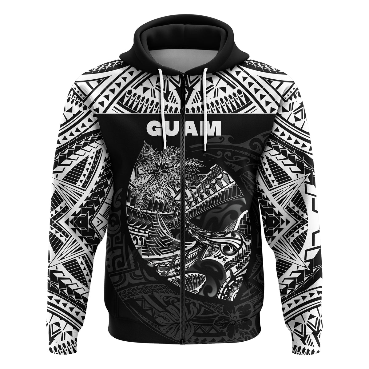 Custom Guam Rugby Zip Hoodie Polynesian Patterns Black LT16 - Wonder Print Shop