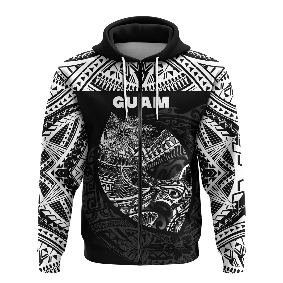 Guam Rugby Zip Hoodie Polynesian Patterns Black LT16 - Wonder Print Shop