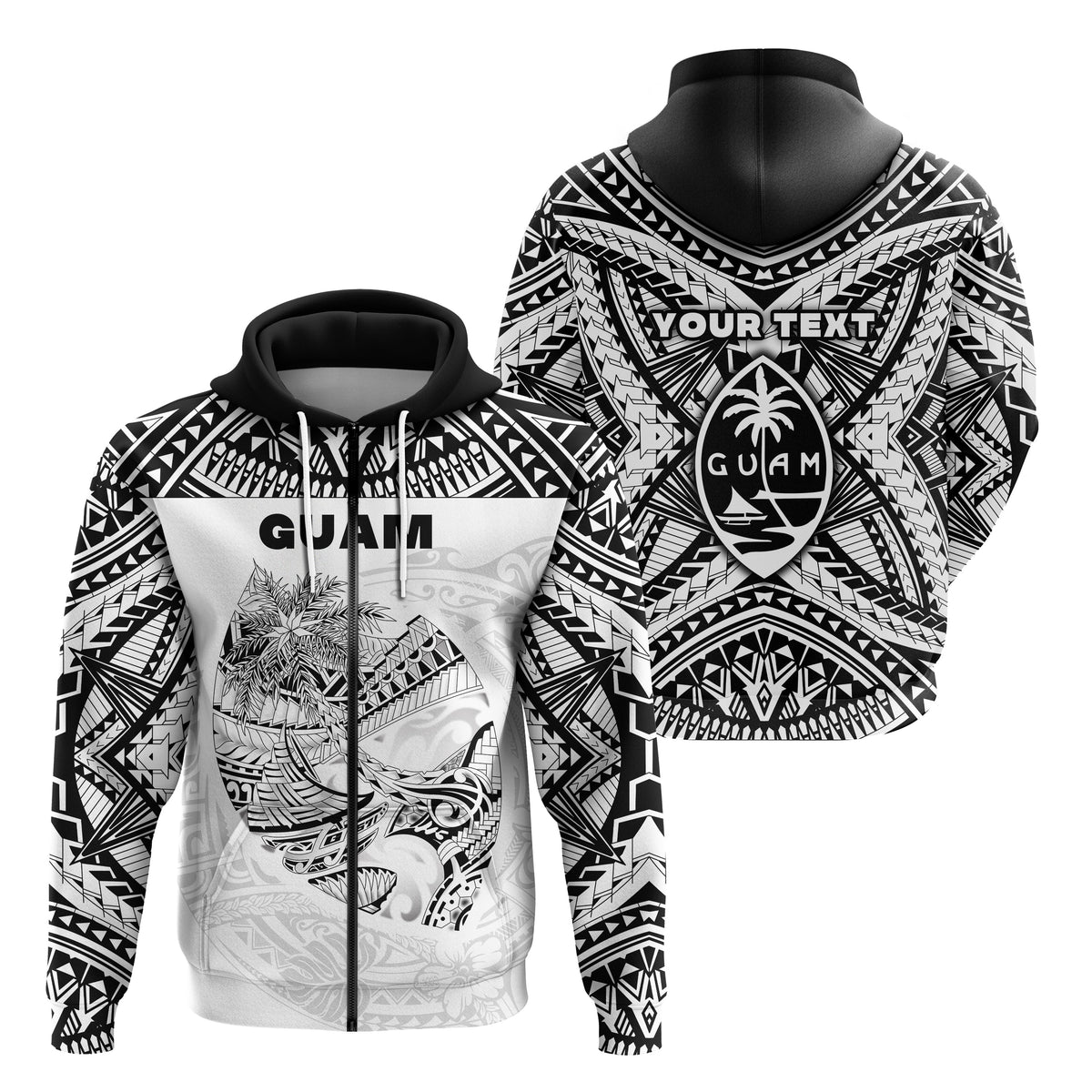 Custom Guam Rugby Zip Hoodie Polynesian Patterns White LT16 - Wonder Print Shop