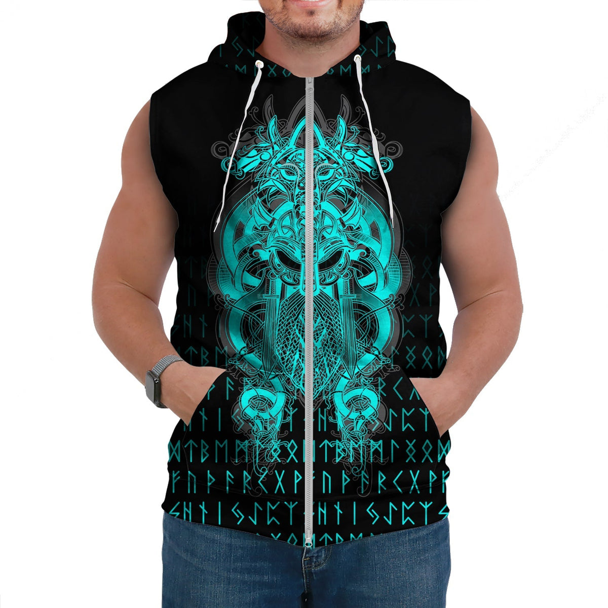 Viking Tyr Tattoo Cyan Sleeveless Hoodies RLT12 - Wonder Print Shop