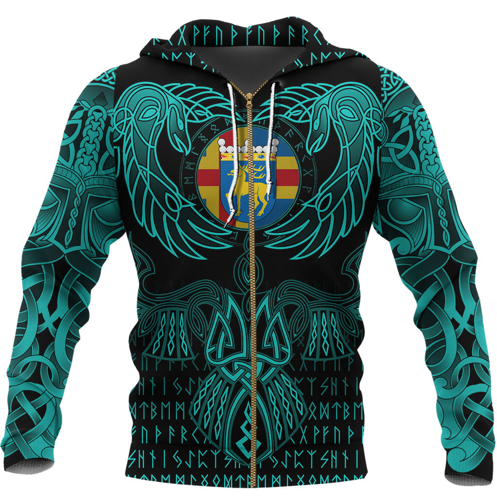 Viking Aaland Islands Zip Hoodie Valknut of Odin Cyan RLT12 - Wonder Print Shop