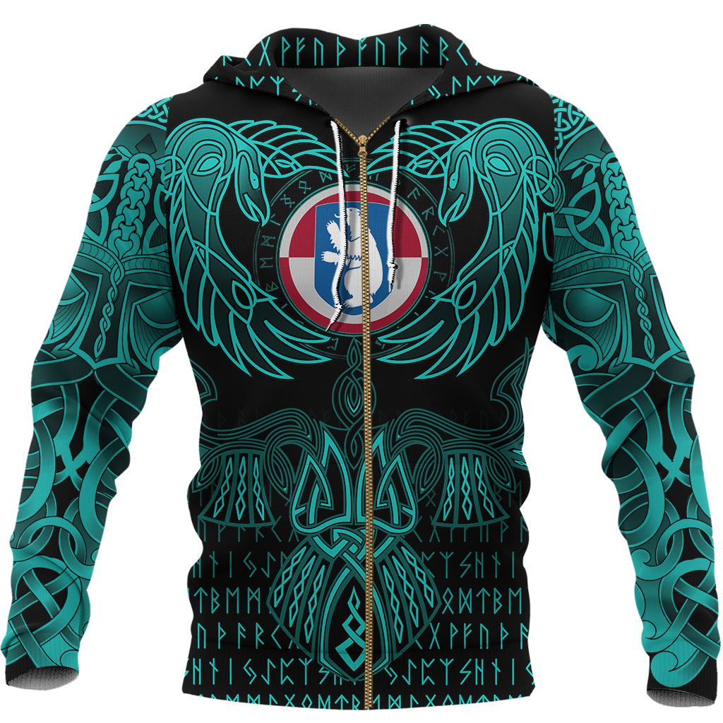 Viking Greenland Zip Hoodie Valknut of Odin Cyan RLT12 - Wonder Print Shop
