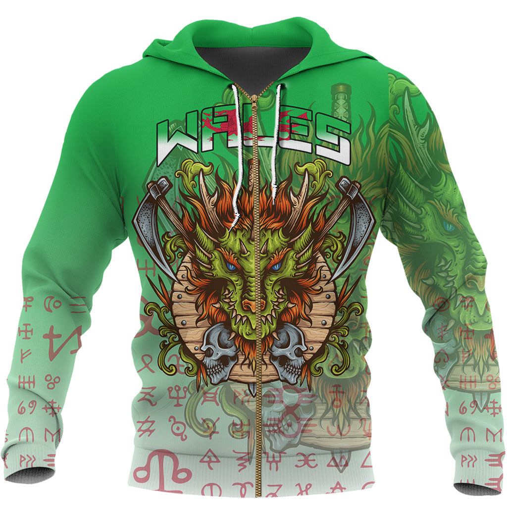Custom Viking Wales Viking Dragon Style Green and White Zip Hoodie RLT12 - Wonder Print Shop