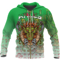 Custom Viking Wales Viking Dragon Style Green and White Zip Hoodie RLT12 - Wonder Print Shop