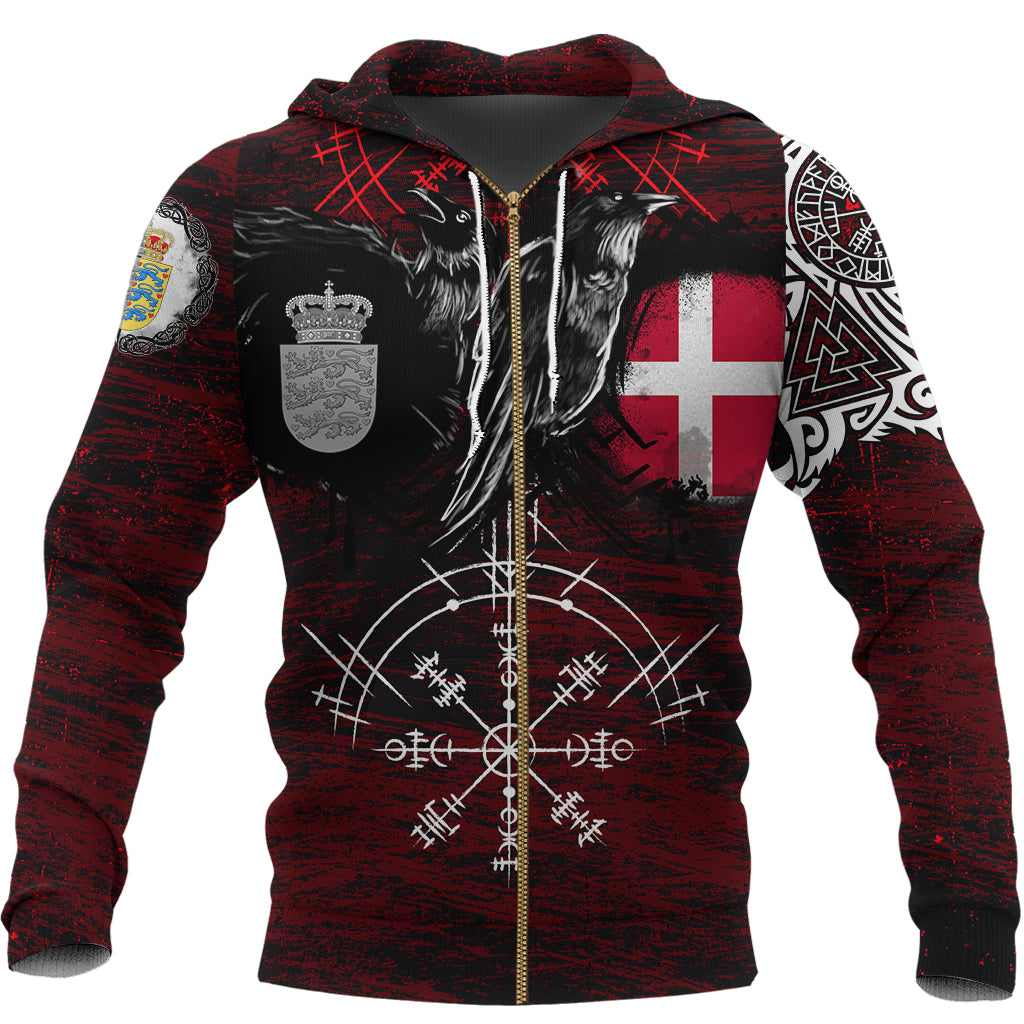 Viking Zip Hoodie - Denmark Raven Of Odin and Symbol Viking On Blood Background RLT12 - Wonder Print Shop