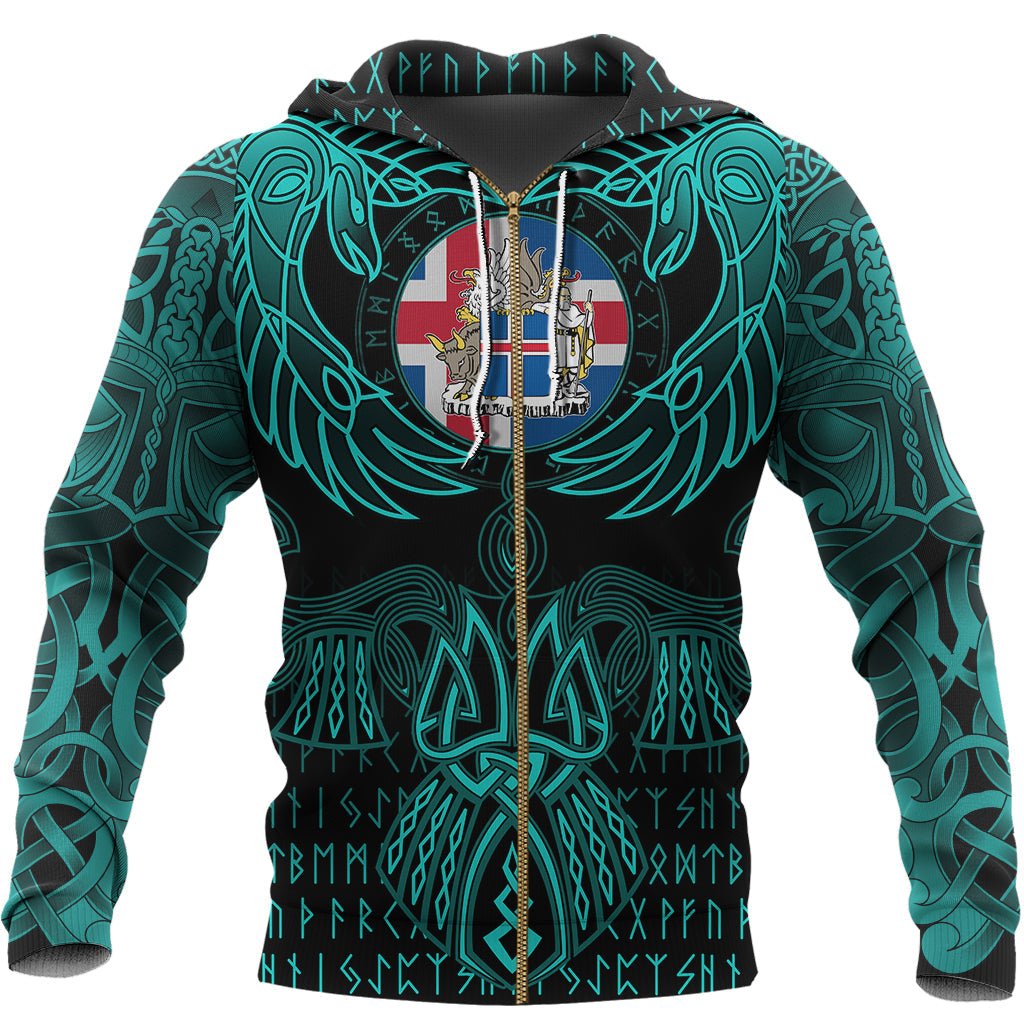 Viking Iceland Zip Hoodie Valknut of Odin Cyan RLT12 - Wonder Print Shop