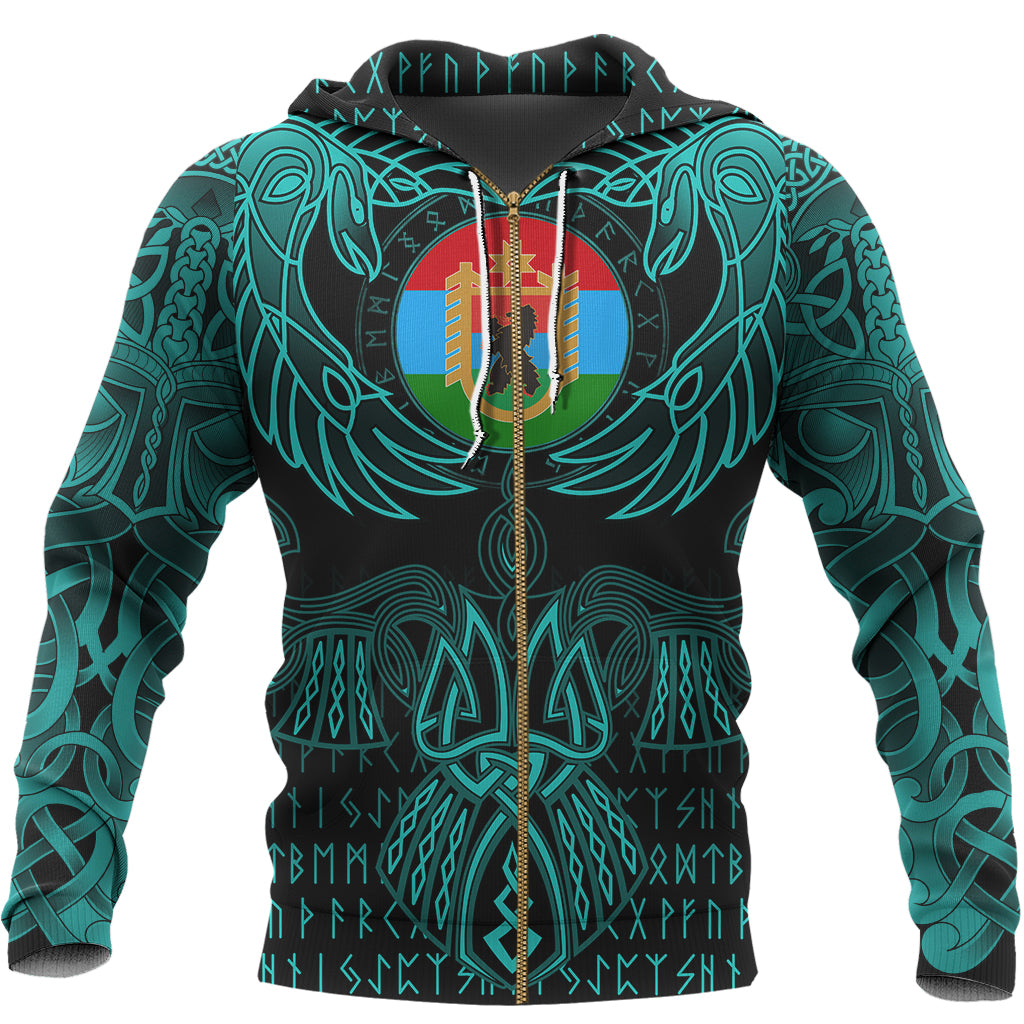 Viking Karelia Zip Hoodie Valknut of Odin Cyan RLT12 - Wonder Print Shop