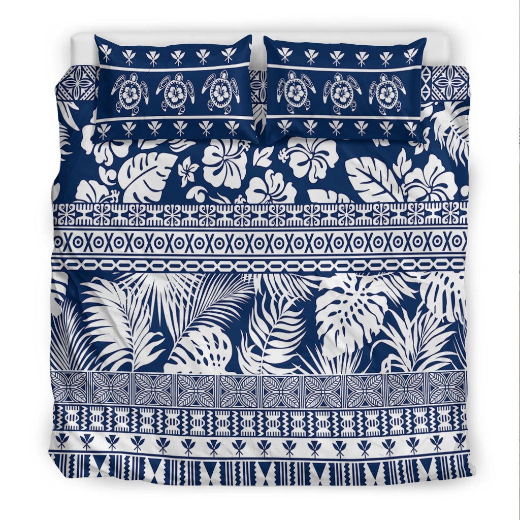 Navy and white patterned duvet bedding set with two matching pillowcases